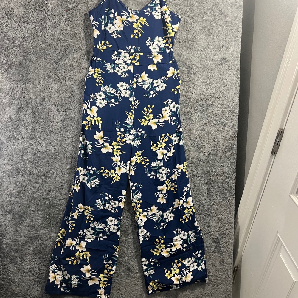 Navy Blue Floral Wide Leg Jumpsuit Sleeveless Cutout Back Tie Size S/M